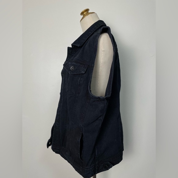 vintage y2k cotton black denim vest jacket pockets mens large metal button rude - Picture 4 of 12